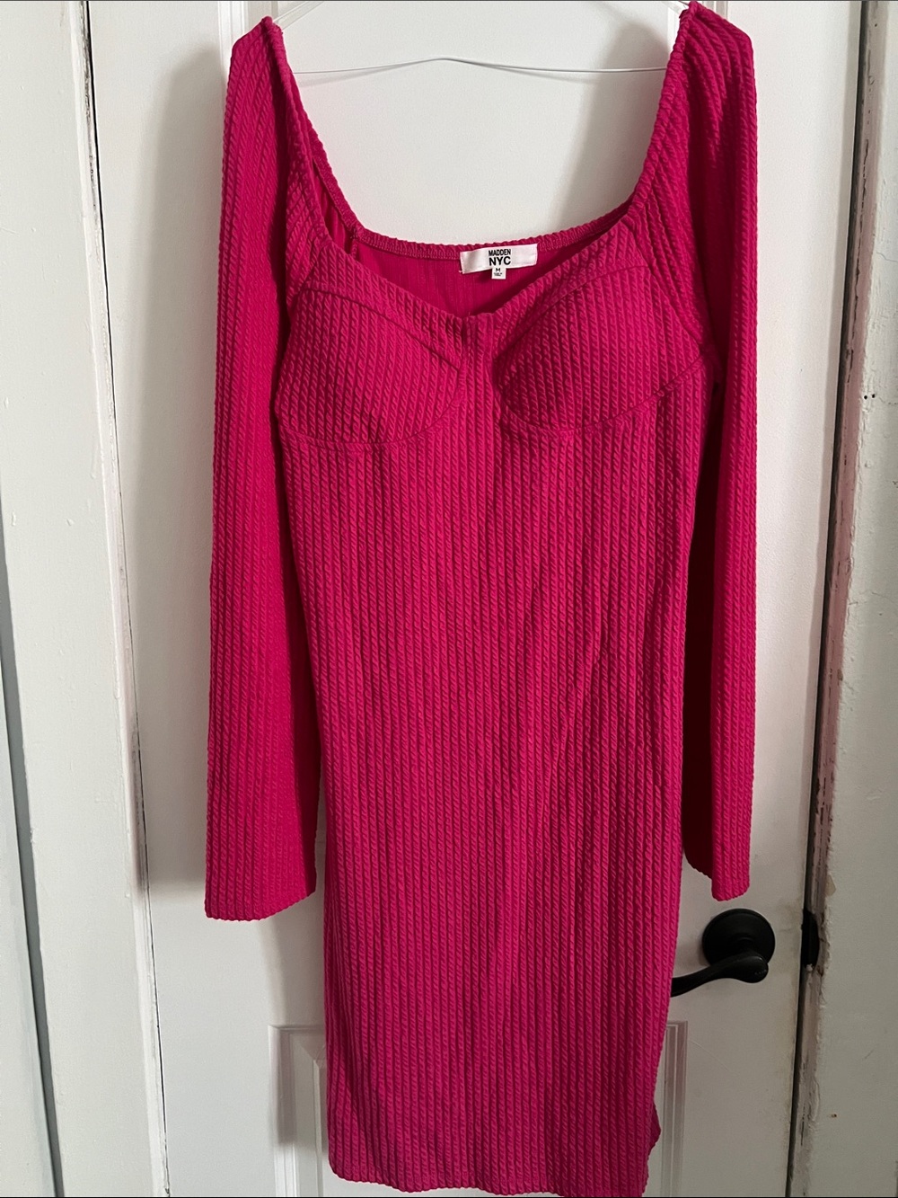 Hot Pink Ribbed Long Sleeve Bodycon Dress